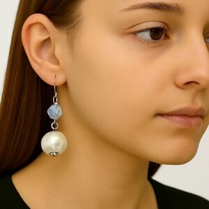 Silver‑Tone Off‑White & Blue Bead Drop Dangle Earrings • 1.75" Fashion Jewelry